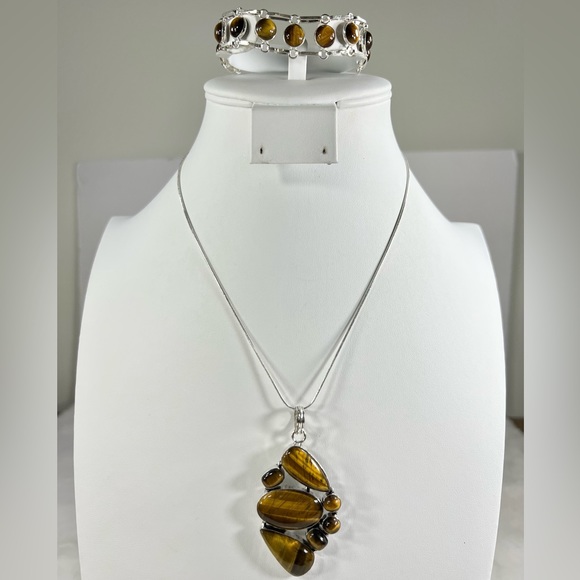 Exotic 🐯👀 Tiger Eye Pendant & Bracelet 925 Gemstone Set - Picture 2 of 11